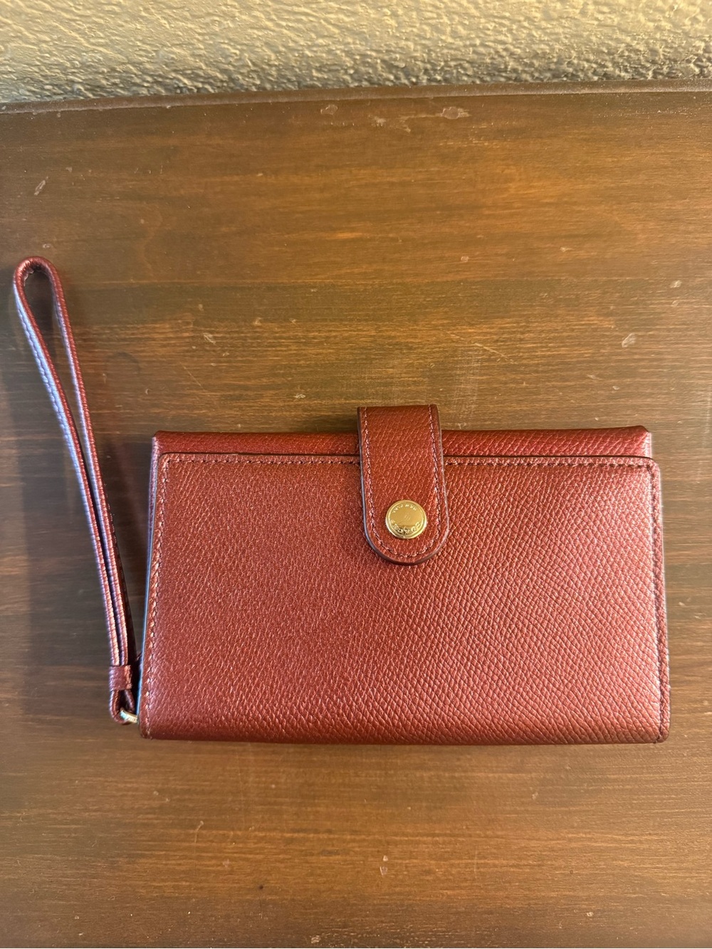 Metallic Coach Burgundy Leather Snap Button Wallet with Gold Hardware
